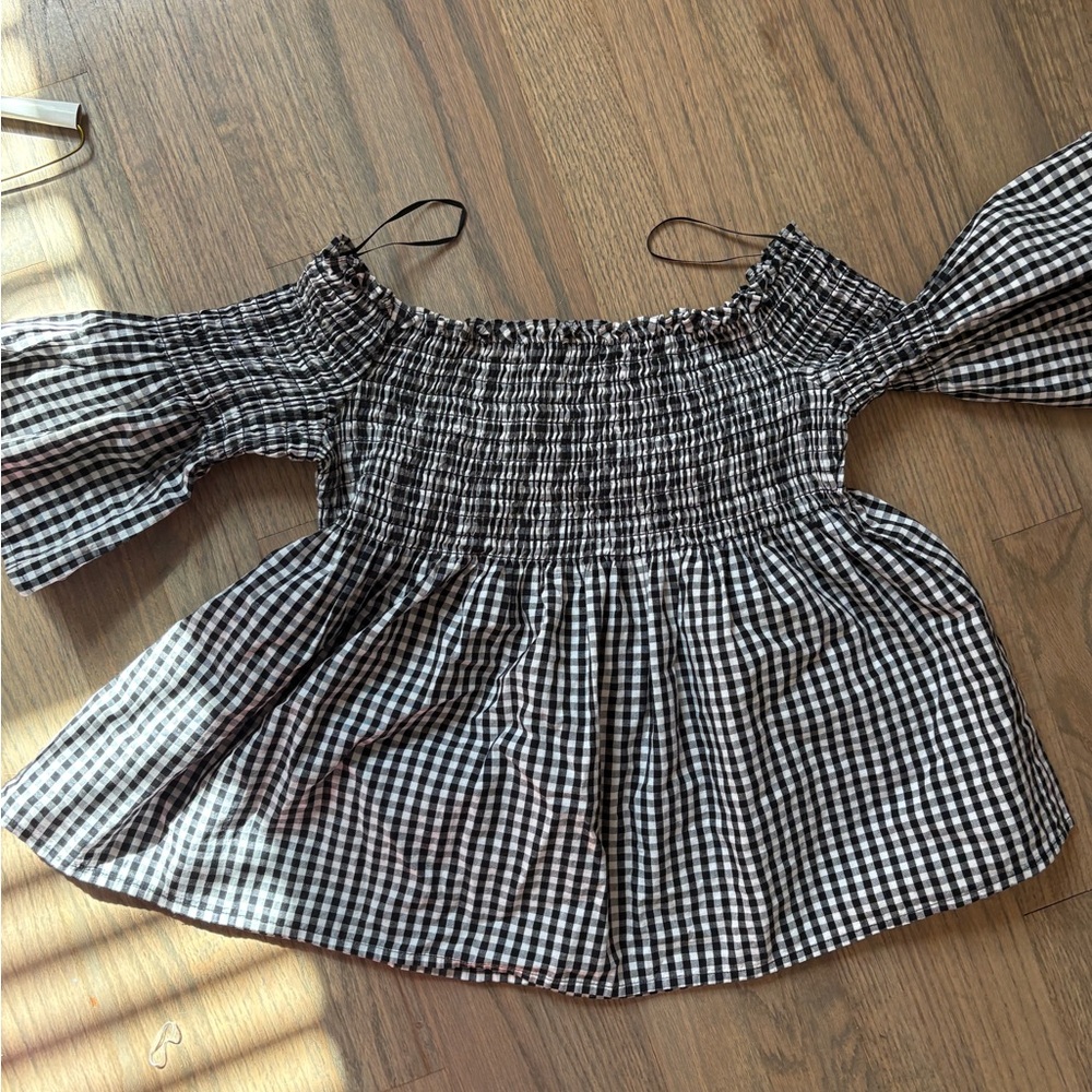 BB Dakota Black & White Gingham Off-Shoulder Smocked Top